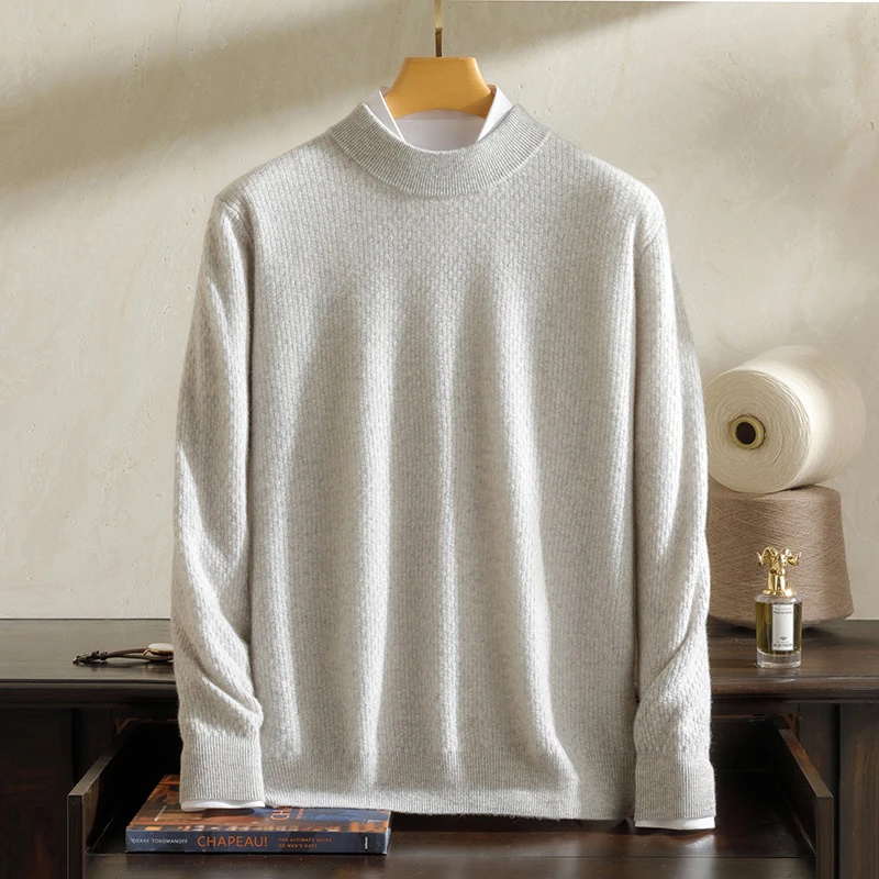 【MUFENGYI】100%纯山羊绒十二针席编半高套衫春秋时尚针织纯色商务