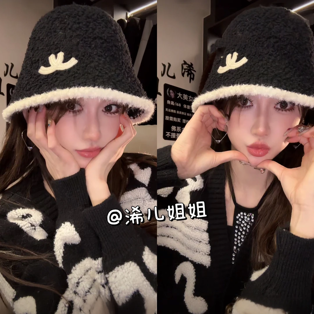 【浠儿家】新款字母C中古针织圈圈毛绒款渔夫2帽黑白编织百搭盆帽