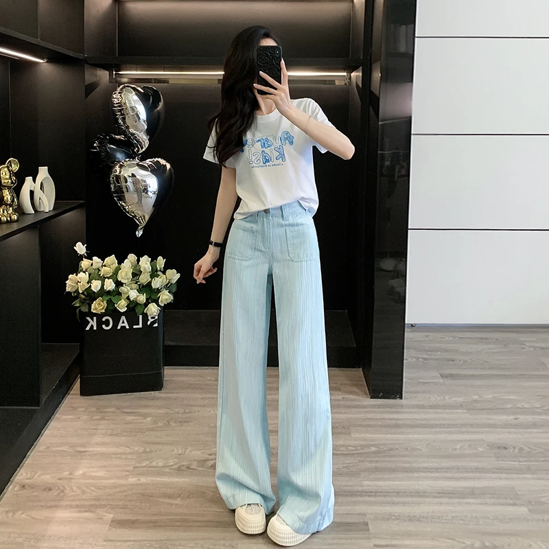 夏季高级感时尚女装套装白色短款短袖T恤上衣高腰牛仔长裤两件套