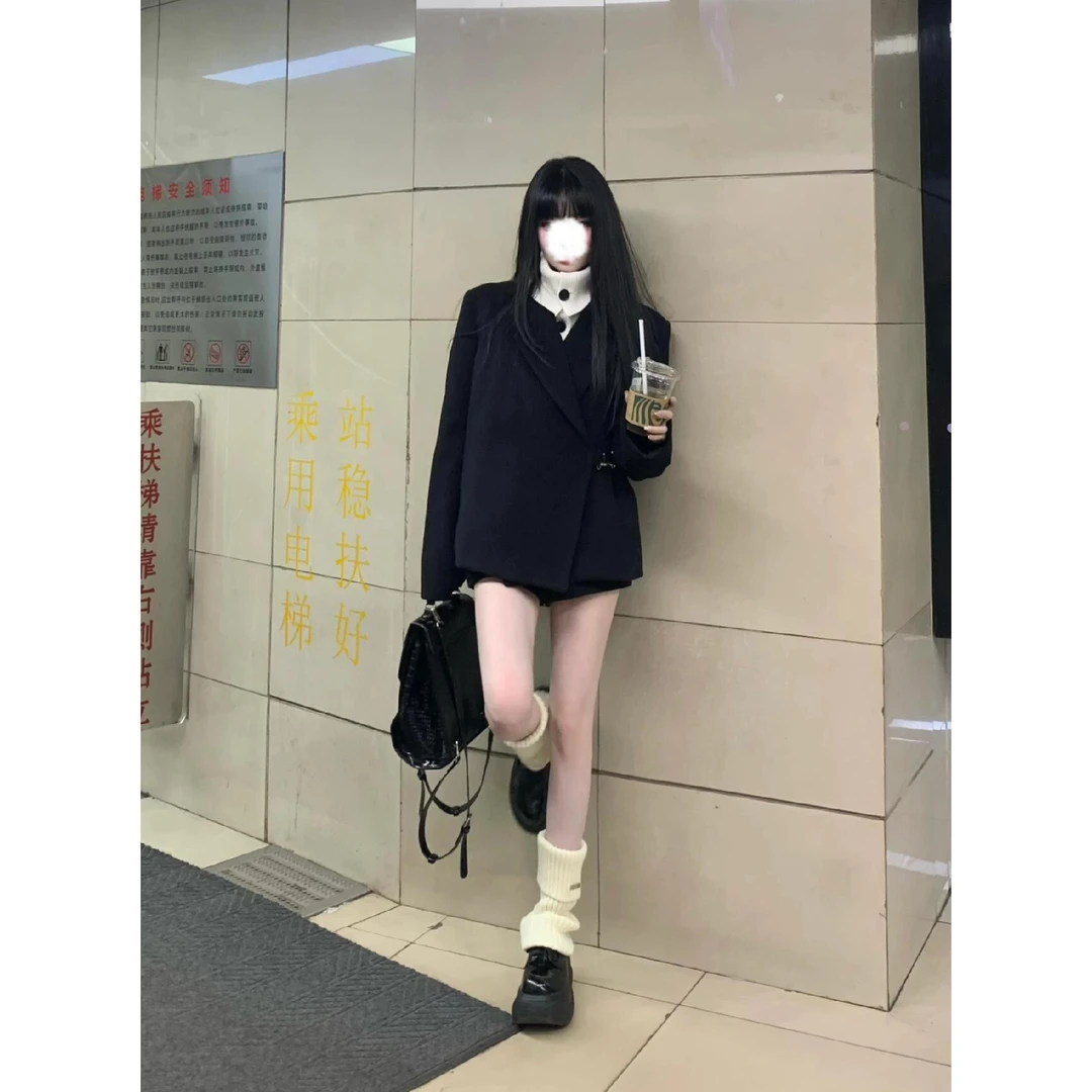 气质名媛假两件毛呢外套短裤套装女秋冬气质高级感富家千金两件套