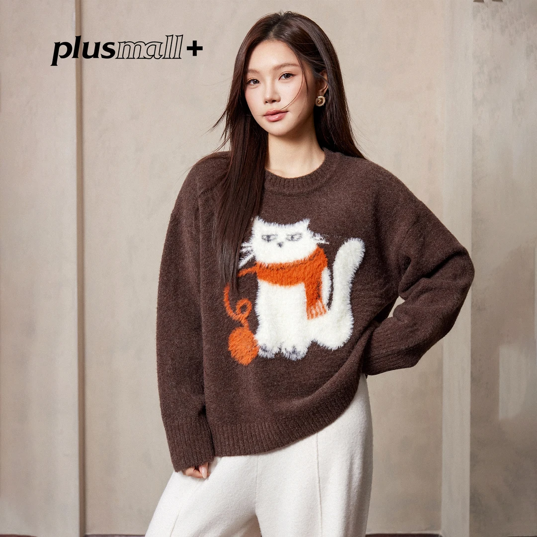 PLUSMALL 绒猫甜栗 糯米绒宽松圆领小猫提花套头毛衫PM2510147