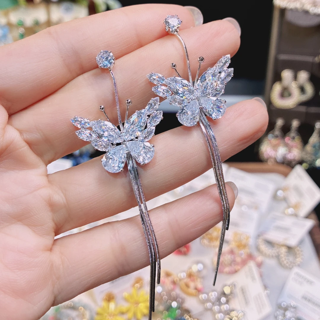 铜合金耳饰 925银针小众设计蝴蝶长款流苏耳环超闪