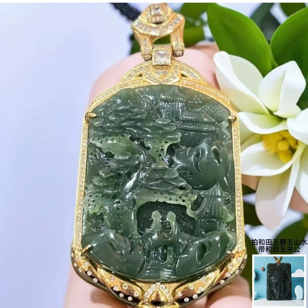 和田玉 碧玉 山水牌  带 和田玉 关公 带礼盒 CC
