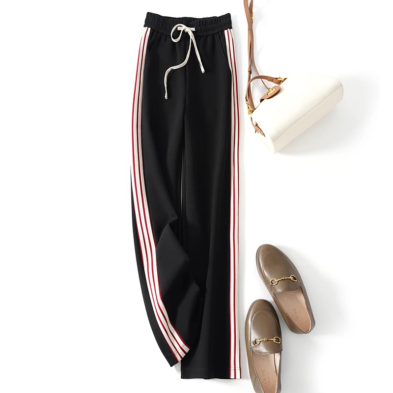 2025春季新款侧条纹灰色阔腿裤女卫裤高腰宽松休闲直筒运动拖地裤