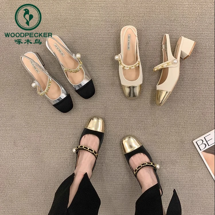 啄木鸟一字带凉鞋女士法式小高跟凉鞋平底中跟配裙子玛丽珍女鞋款