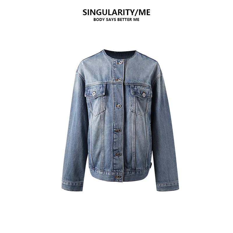 Singularity Me 1S 3721【摩登都市】洗水毛边无领复古港味牛仔外套