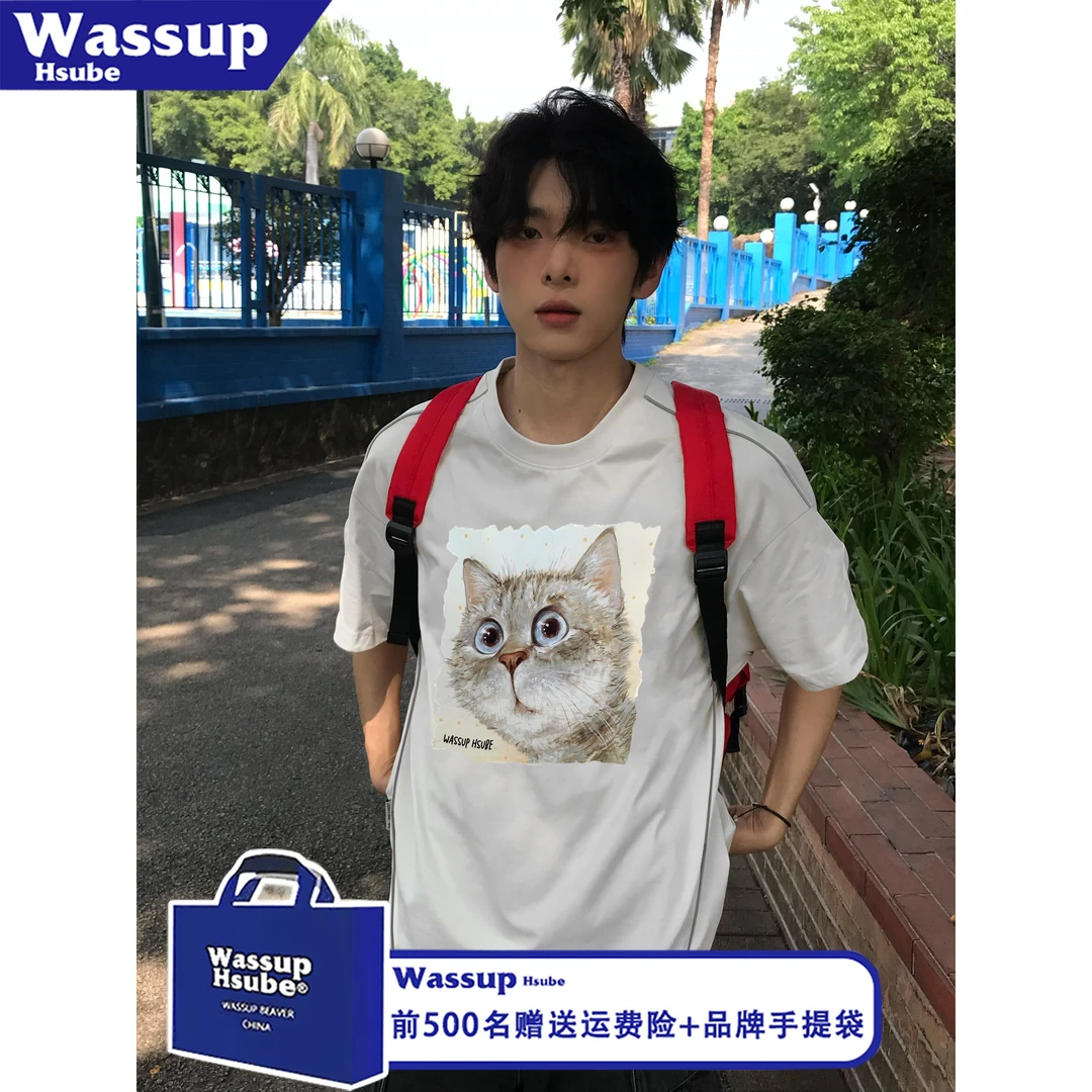 WASSUP HSUBE小猫印花拼接线条短袖T恤男女ins高级感个性百搭上衣