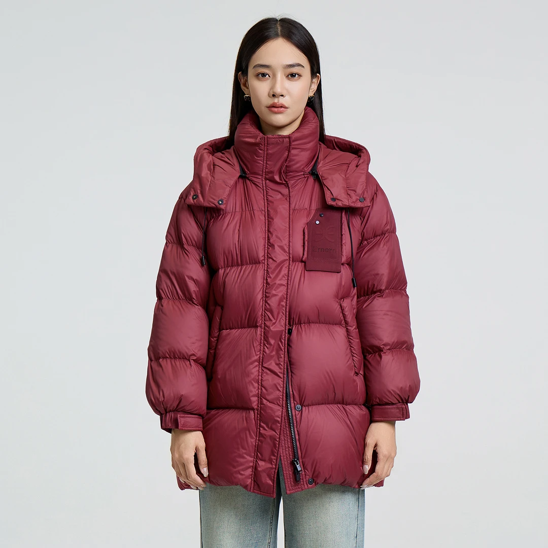 恩家冬款休闲时尚连帽宽松羽绒服中长款ESDYOB538