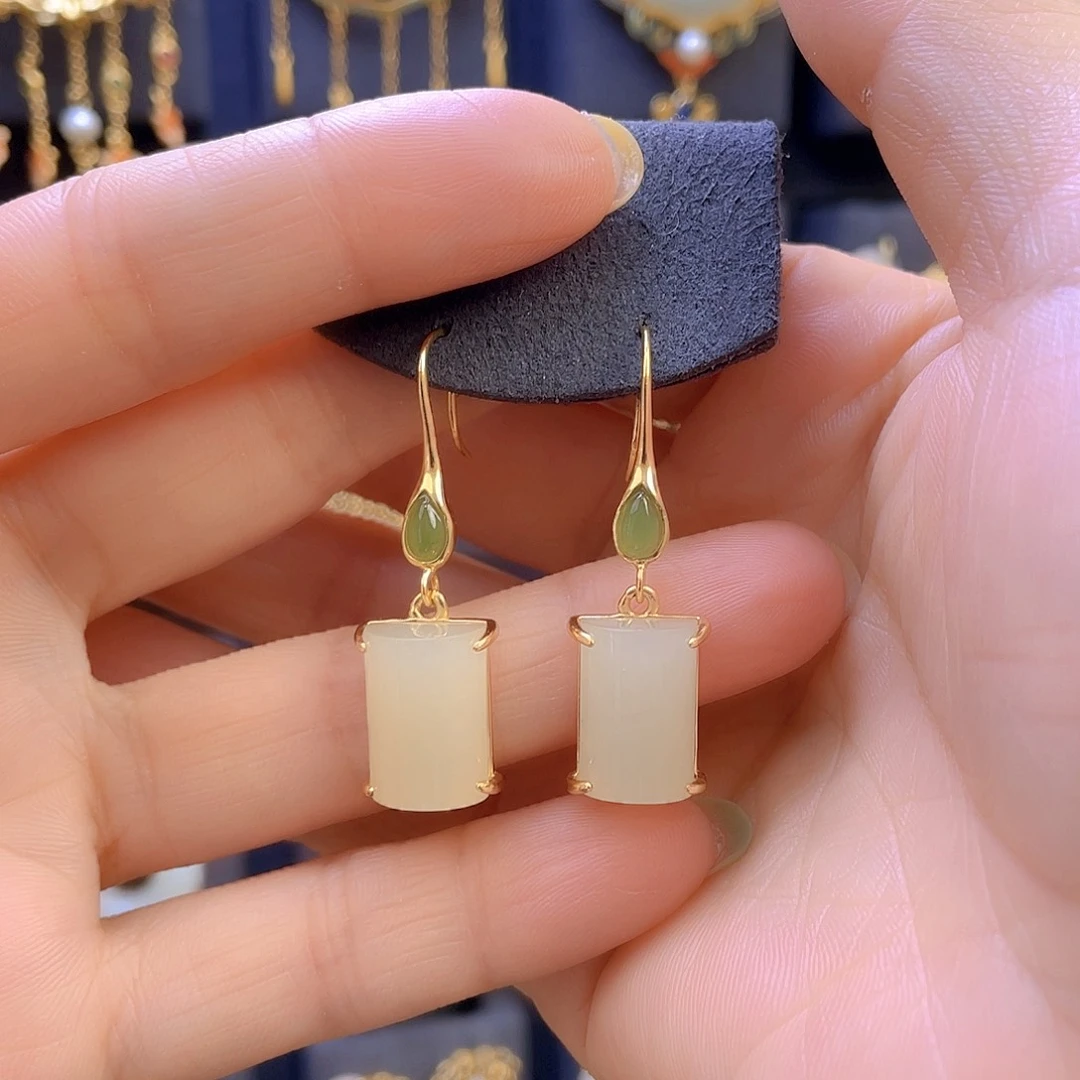 和田玉耳饰银S925镀金镶嵌