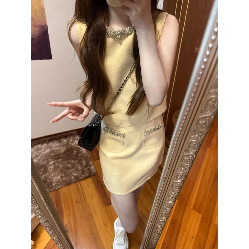 小香风套装女2025夏季气质名媛高级感无袖上衣高腰显瘦包臀半身裙