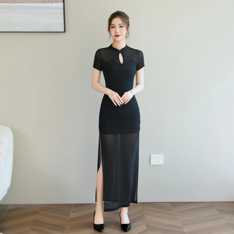 夜场女装性感长款礼服黑色气质连衣裙女KTV小姐显瘦技师工作服