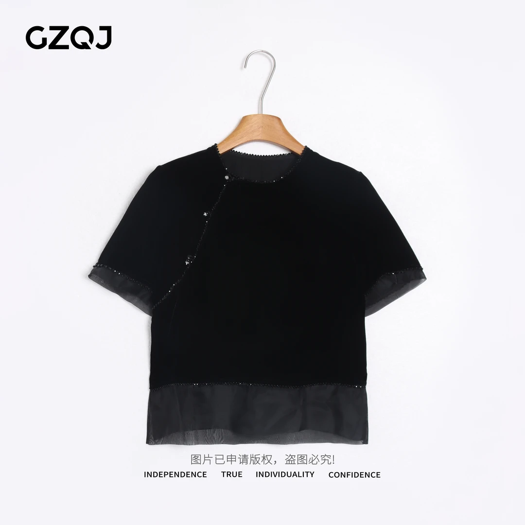 老琴私服 欧若风轻奢别致设计感烫钻短袖上衣女新款 7608