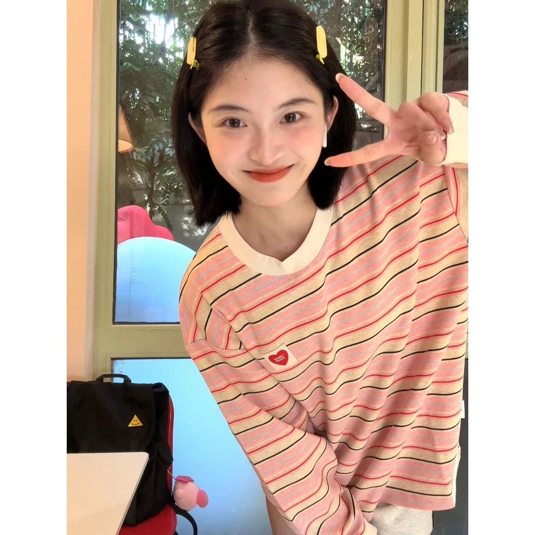 流光风甜美条纹圆领加绒加厚长袖T恤男女秋冬宽松休闲上衣潮ins潮