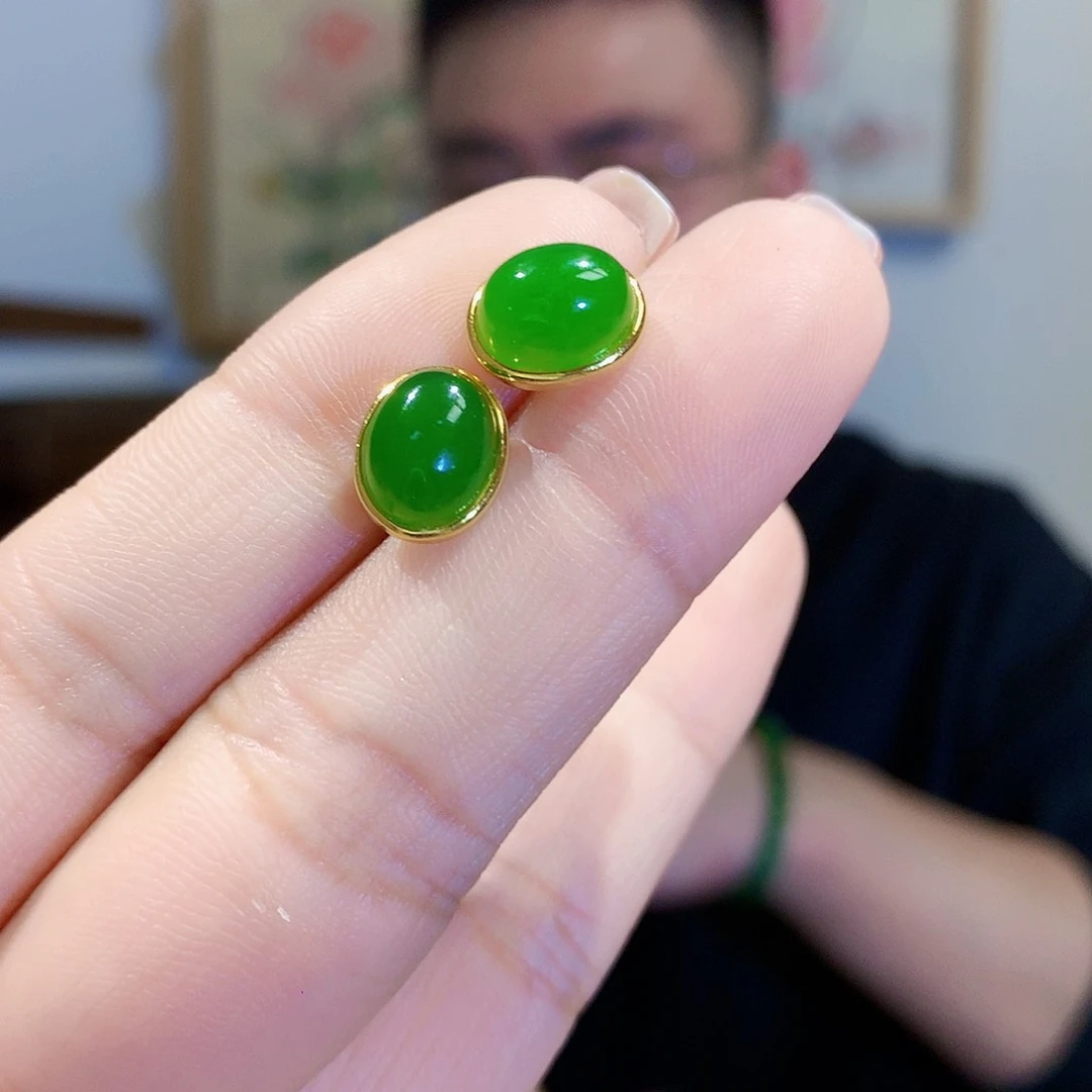 和田玉（碧玉）耳饰银S925镀金镶嵌