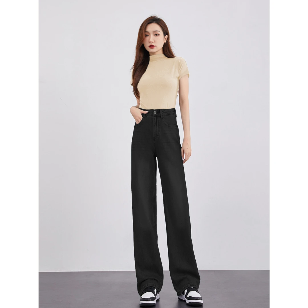 冬款薄绒{无弹不掉色大黑牛}高腰显瘦遮肉女窄版直筒阔腿裤