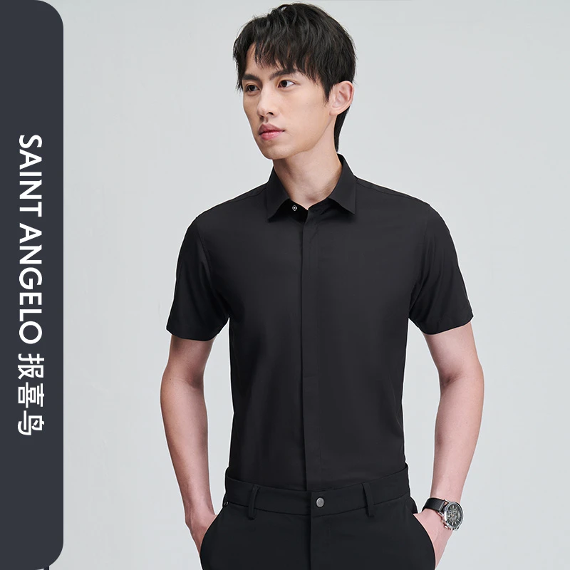 报喜鸟夏季新款时尚正装男士短袖衬衫纯色方领衬衣上衣黑色薄款男