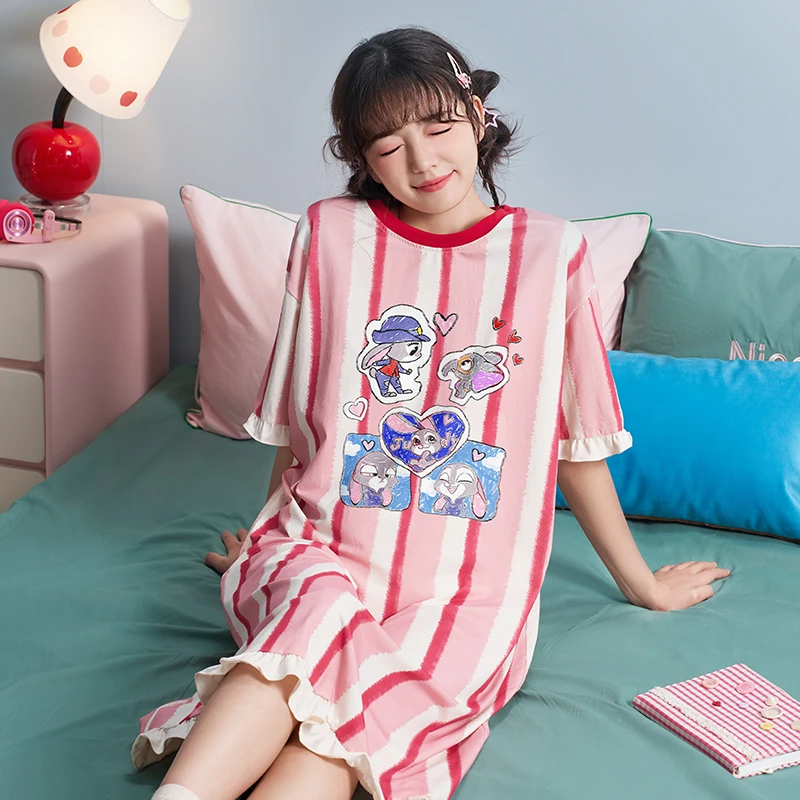 Disney/迪士尼疯狂动物城夏季短袖睡裙女条纹家居服