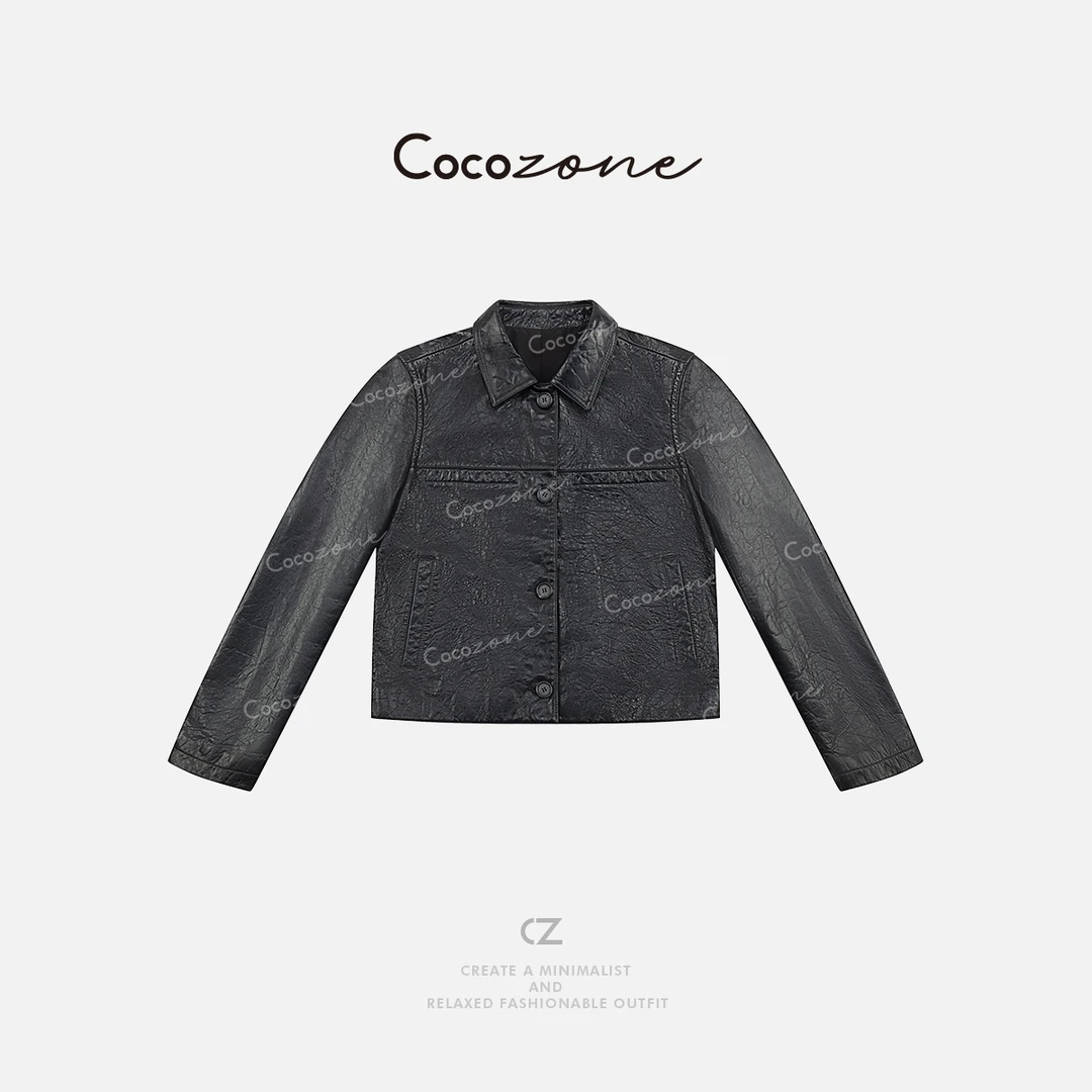 COCO ZONE 刘一一 【绵羊皮革】摩登优雅翻领皮衣外套CD2A1241