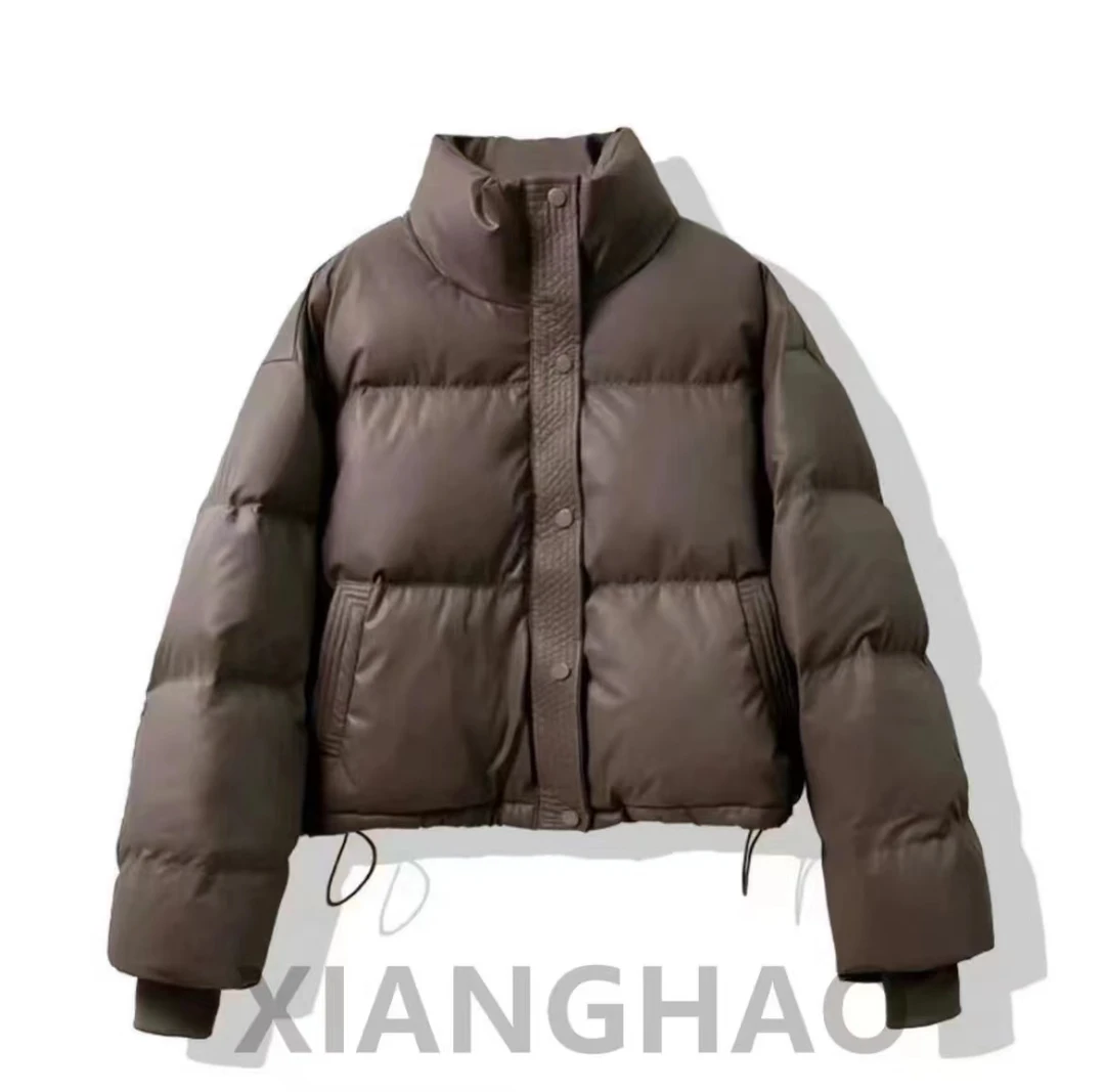 冬季新款肯豆风免洗pu皮羽绒服女加厚立领面包服外套