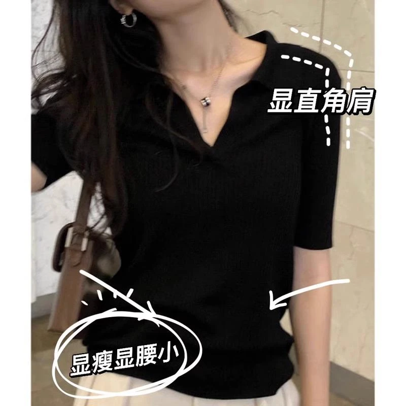 黑色polo领正肩短袖t恤女夏季新款V领修身百搭纯色翻领高级感上衣