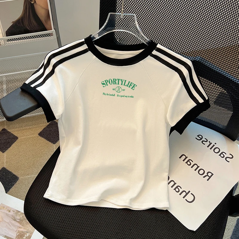 2025短袖撞色t恤女新款时尚流行潮牌女装大码洋气衣服女上衣休闲