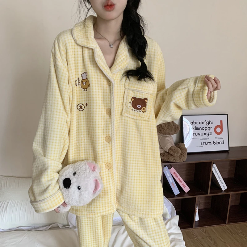 可爱鼻孔鸡轻松熊法兰绒睡衣女秋冬季加厚保暖娃娃领长袖家居服