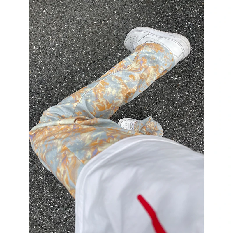 多巴胺扎染印花裤子男女夏季薄款美式休闲长裤宽松显瘦窄版直筒裤