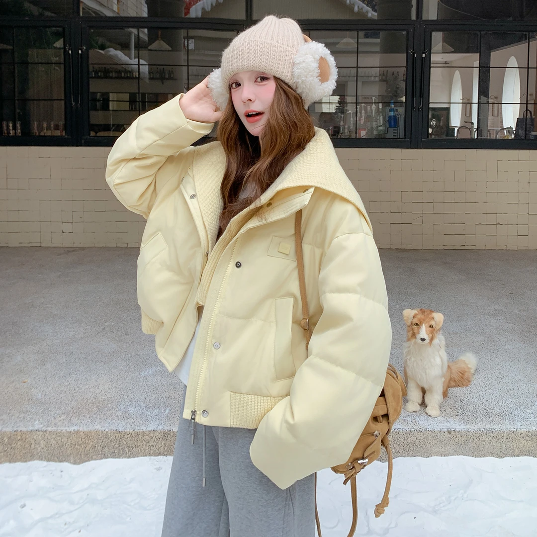 奶黄色针织披肩羽绒服女2025冬新款小个子超火减龄休闲白鸭绒外套