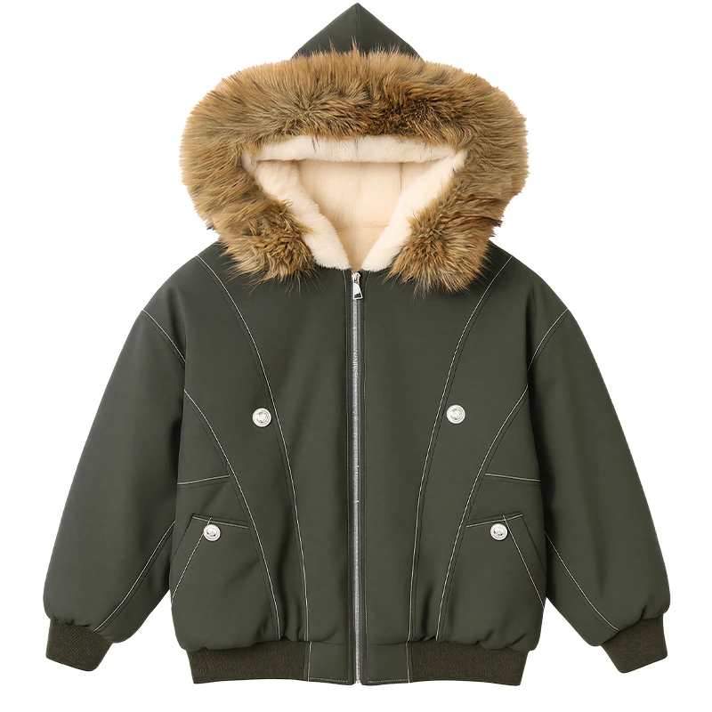 女童座山雕加绒棉服2025新款美式复古派克大毛领连帽加厚大童女装