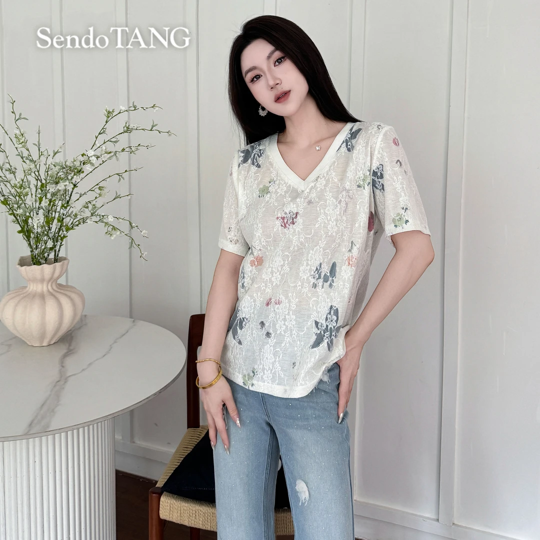 现货甜美蕾丝【翩翩飞】胖多女装夏季新款休闲宽松百搭短袖上衣