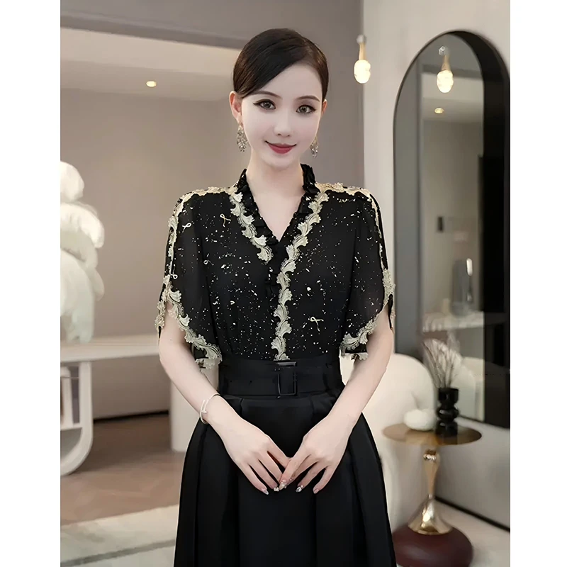 【有里布】2025夏季新款金箔高闪气质黑色洋气百搭上衣D1547