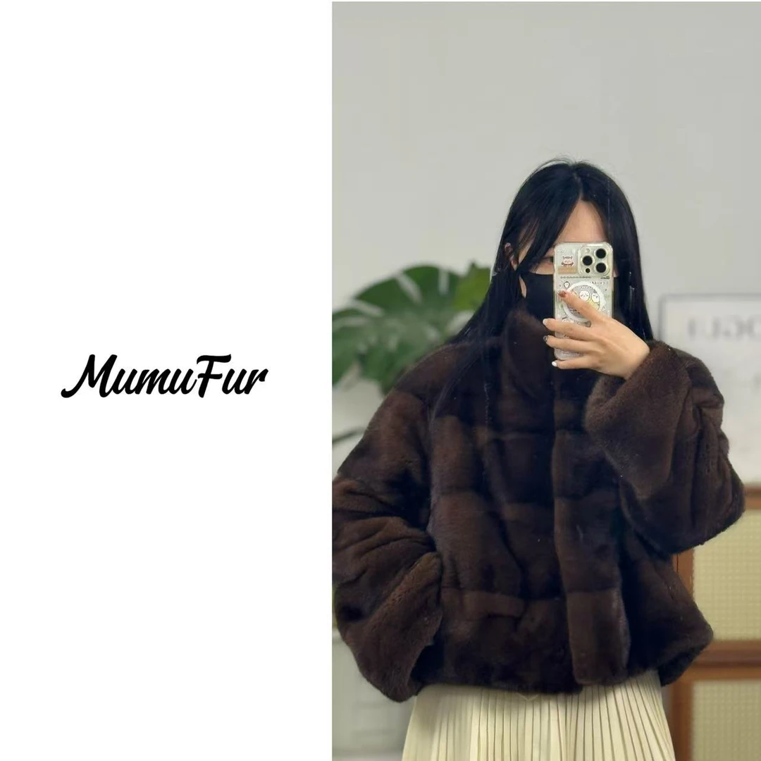 木木现货【横咖方格】2025新款进口天鹅绒水貂皮草外套女整貂短款