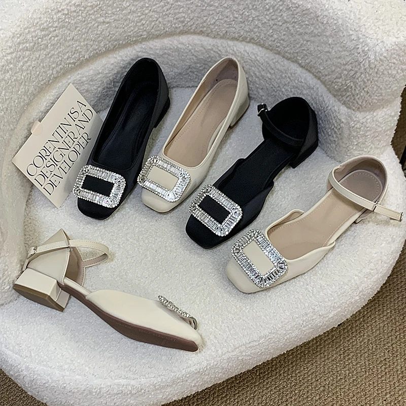 气质千金风方头单鞋百搭中空粗跟女鞋新款水钻扣韩版浅口低跟鞋女