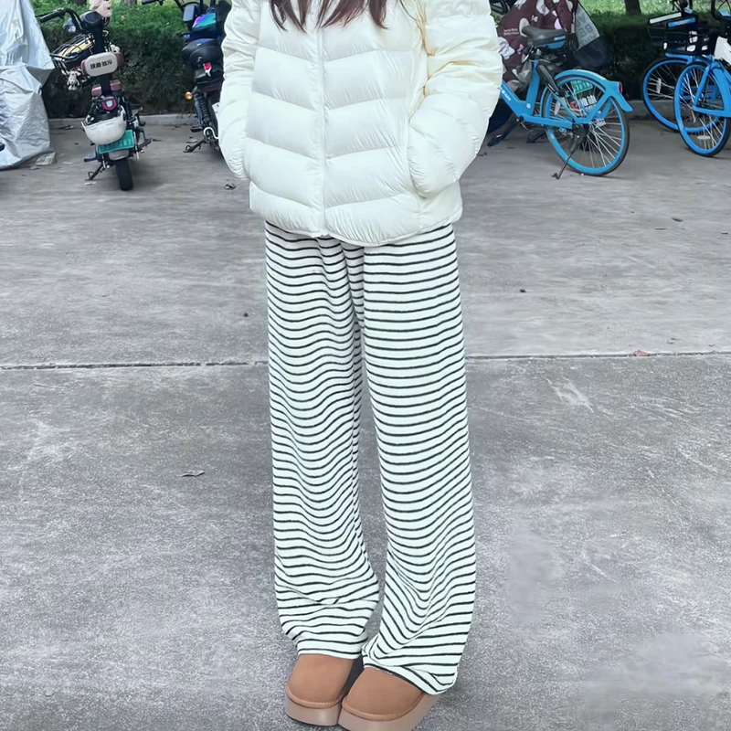 加绒黑白条纹毛巾裤女秋冬季2025新款宽松休闲软糯米裤垂感阔腿裤