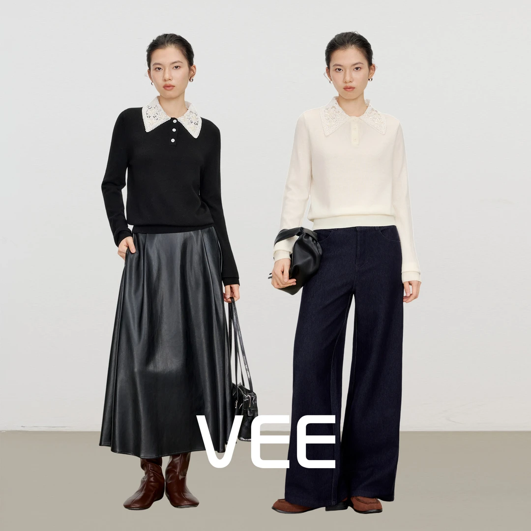 VEE【不败美人】重工刺绣针织衫女2025新蕾丝polo领羊毛混纺上衣