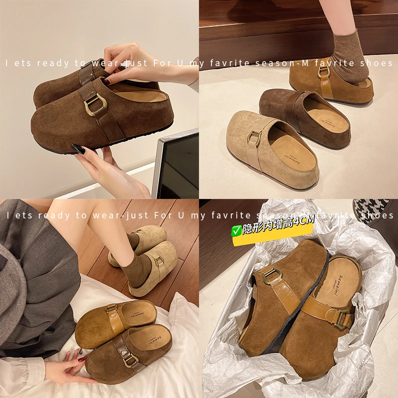 内增高勃肯拖鞋女外穿秋冬加绒2024新款时尚金属扣一脚蹬包头拖鞋