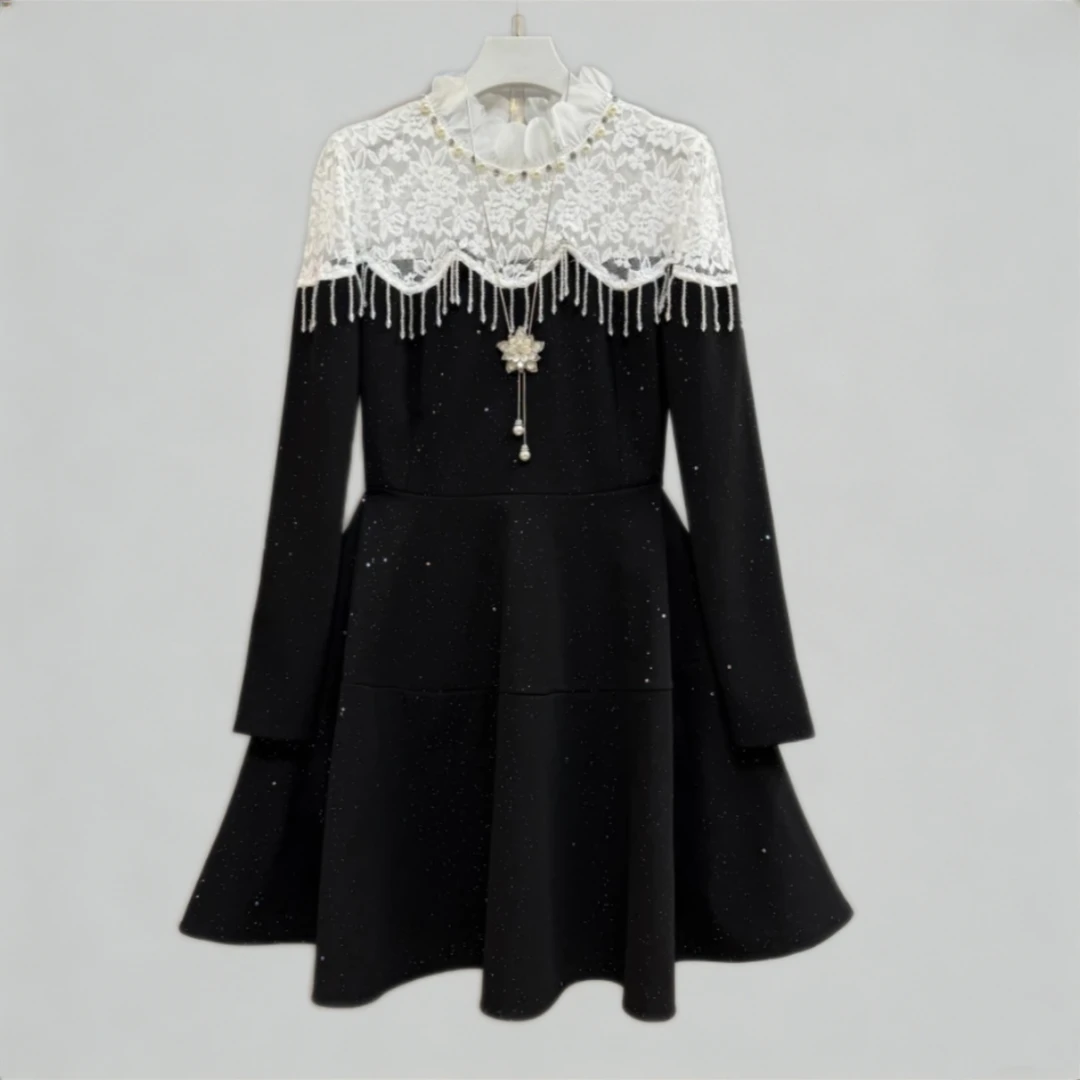 岚岚大码新款洋气精致甜美钉珠流苏设计显瘦百搭女神连衣裙9183