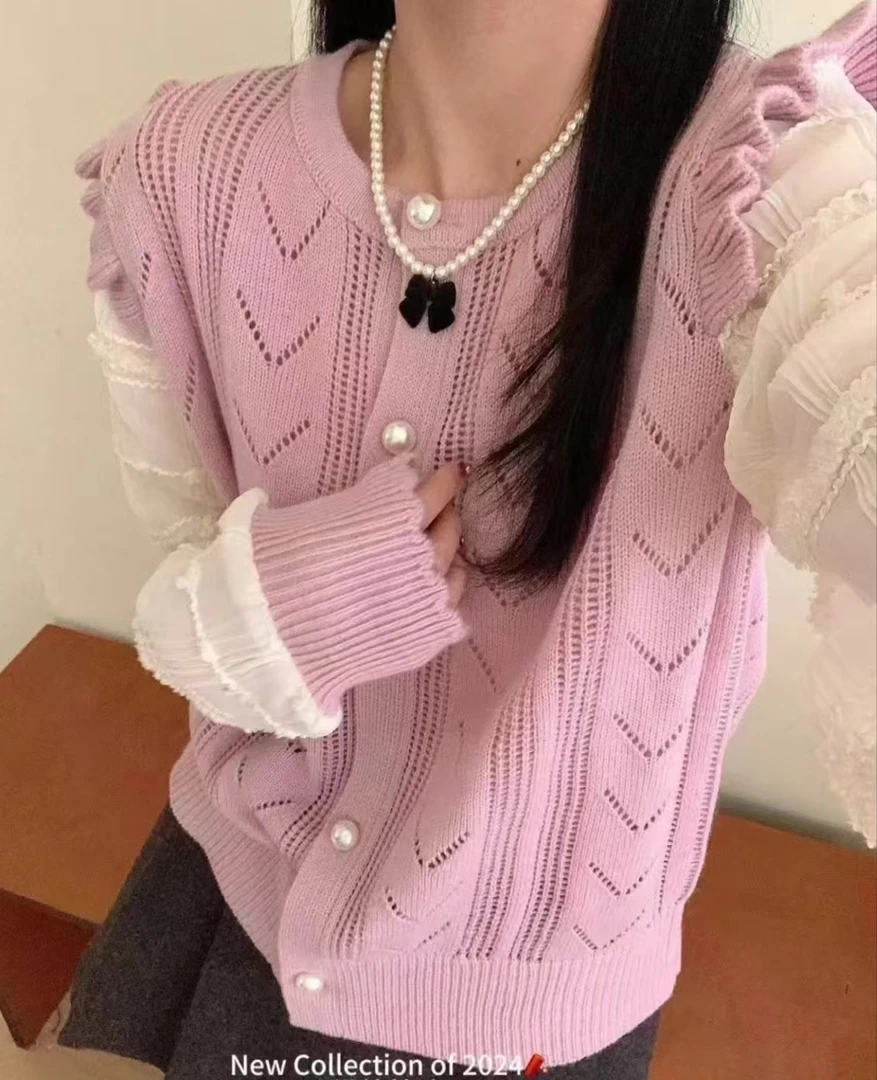 F140  法式圆领针织开衫女新款小个子修身短款