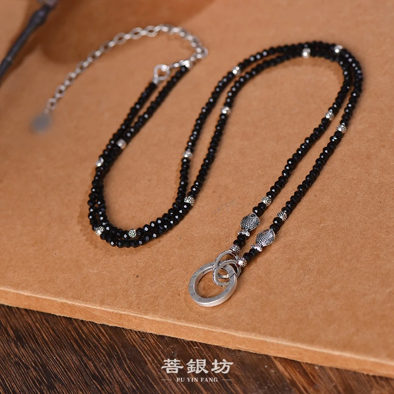 链子925银 【菩银坊】黑尖晶 双鱼闪黑 六字百搭链 65➕10厘米 礼物