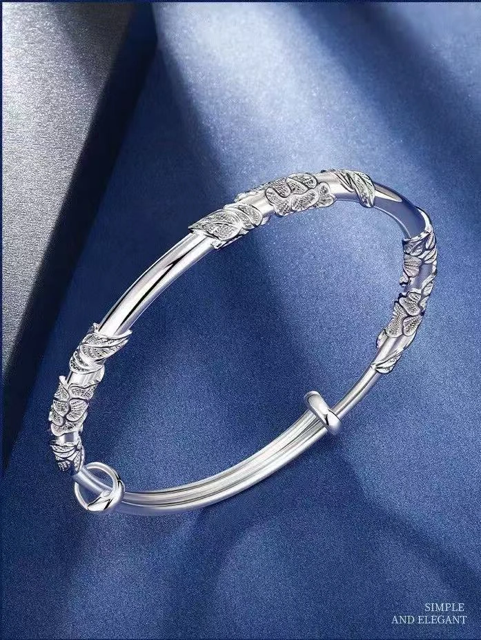 足银手镯 繁花似锦简约小众ins时尚推拉手镯情人节女友礼物妈妈