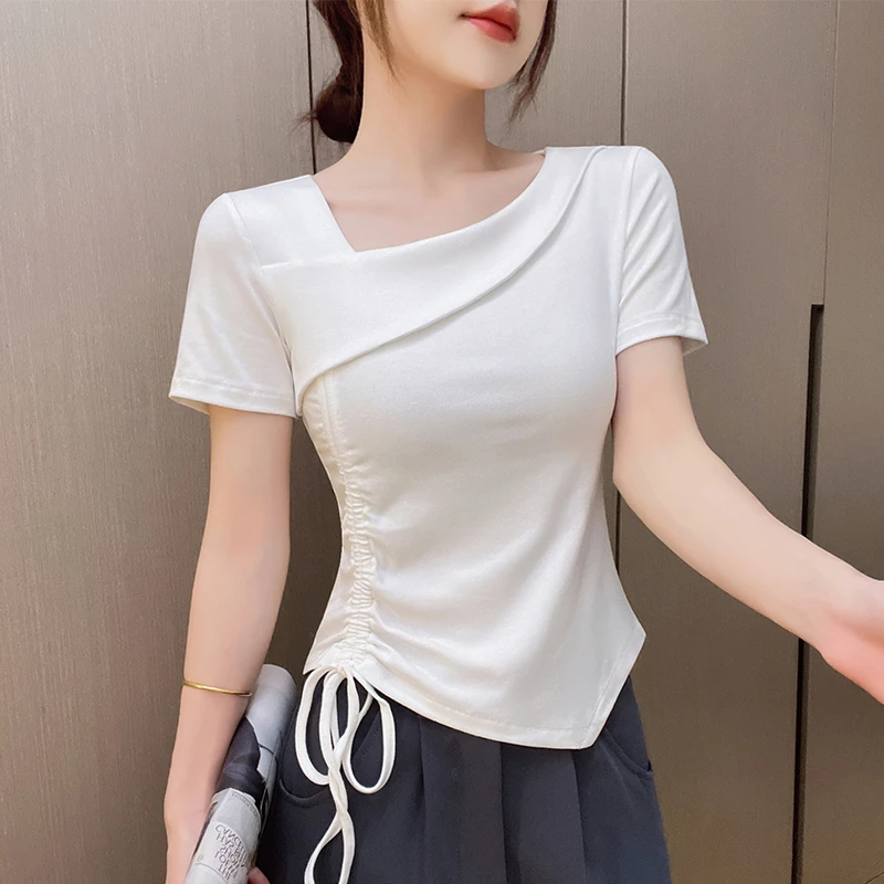 法式黑色不规则斜领抽绳短袖t恤夏季新爆款修身多巴胺服装女上衣
