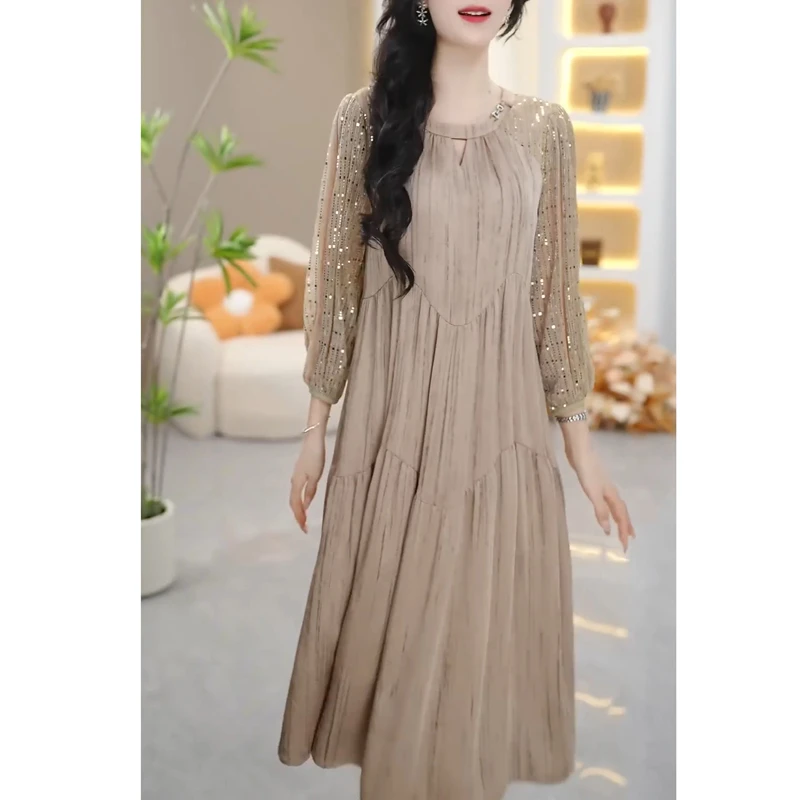 高档绮罗缎面料连衣裙2025春季新款优雅气质遮肉显瘦闪闪礼服裙子