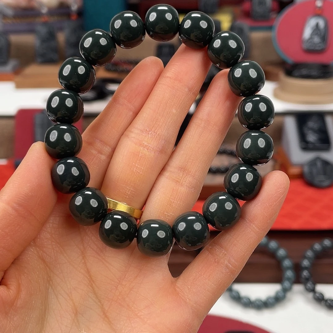 和田玉未镶嵌手串卡12精工深色沙枣青