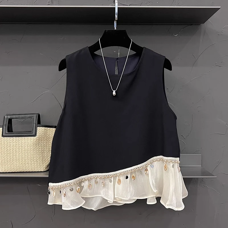 夏季新款无袖坎肩下摆拼接衬衫上衣女装大码宽松气质时尚小衫潮流