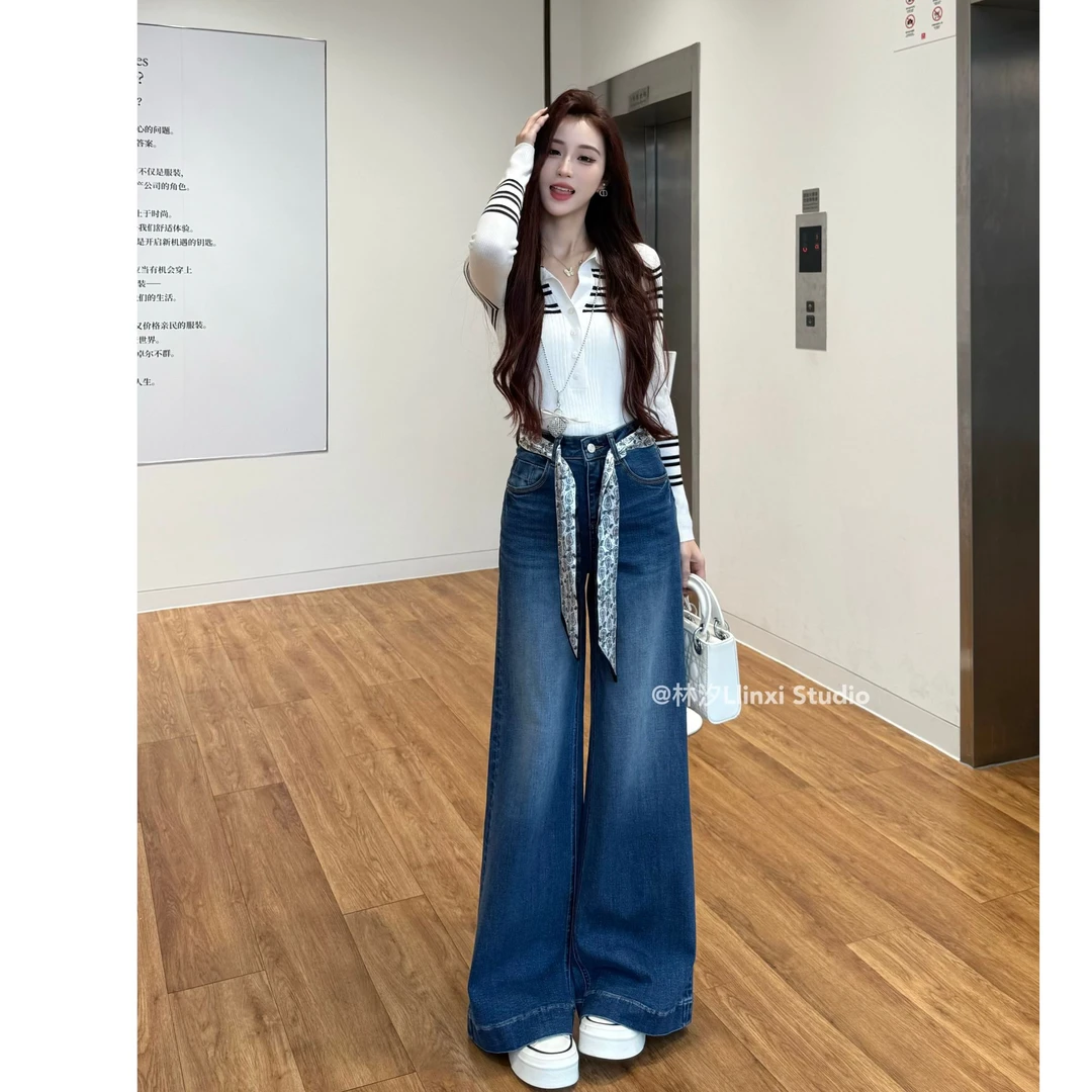 【曼调巴黎】·柏林蓝·加绒四面弹穿搭高腰A字阔腿裤秋季牛仔裤女