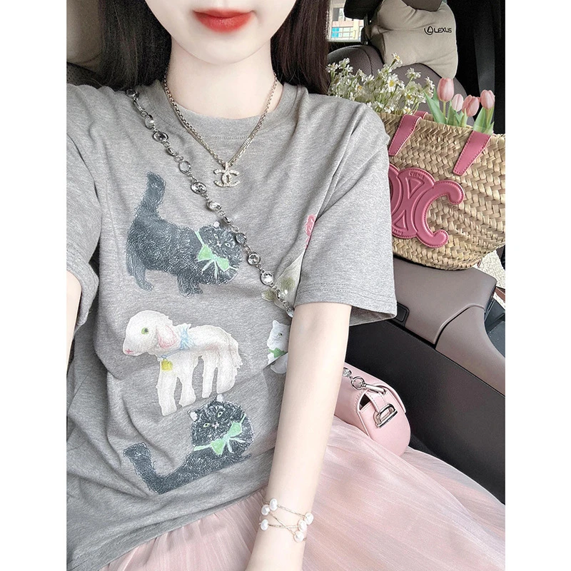 趣味动物 韩系百搭灰色卡通印花短袖T恤女夏季高级感上衣ins潮