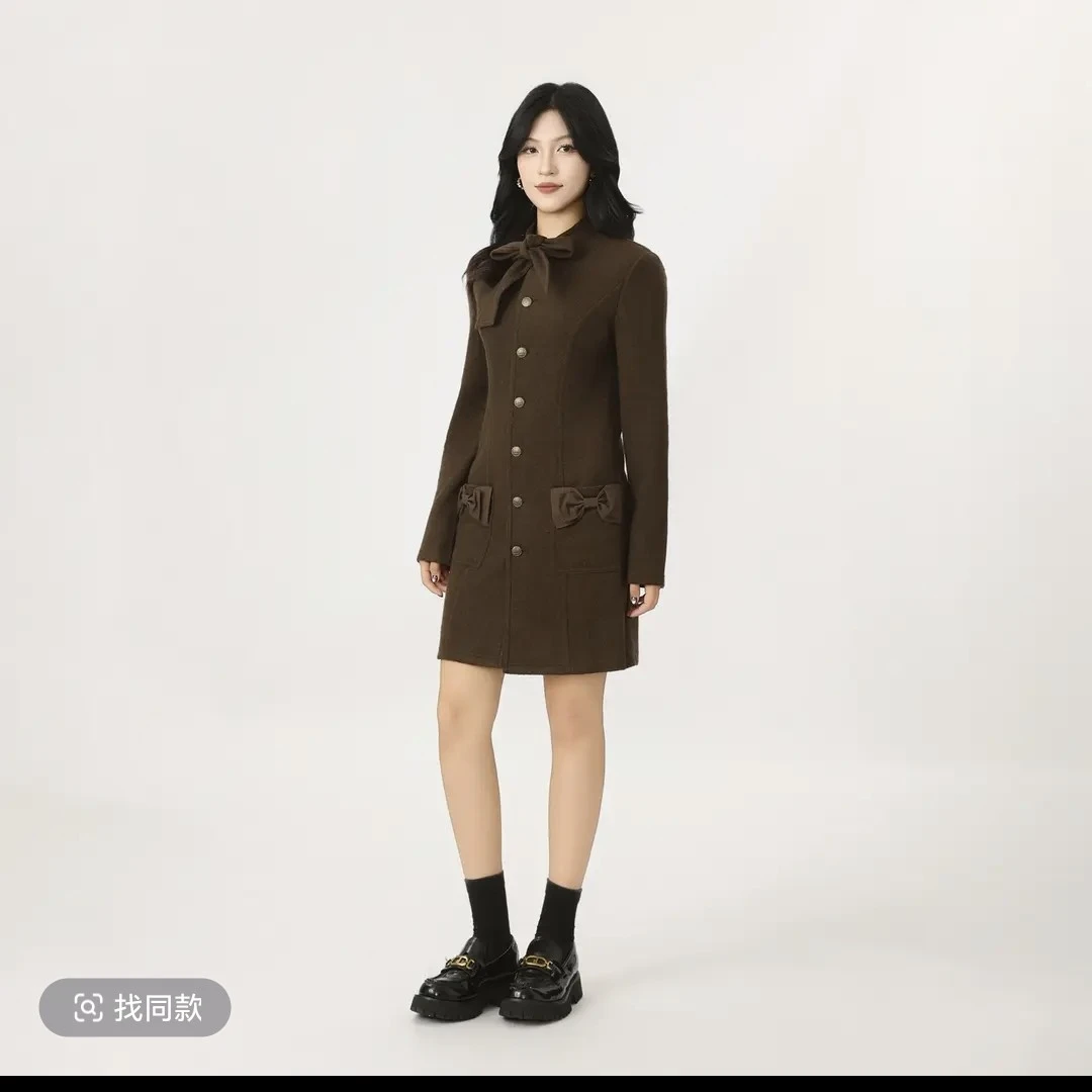 GIRDEAR/哥弟秋冬新款千金气质小香风蝴蝶结羊毛呢连衣裙女140073