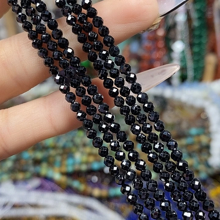 玛瑙/玉髓未镶嵌珠宝半成品黑尖晶切面圆珠卡3mm(3条）