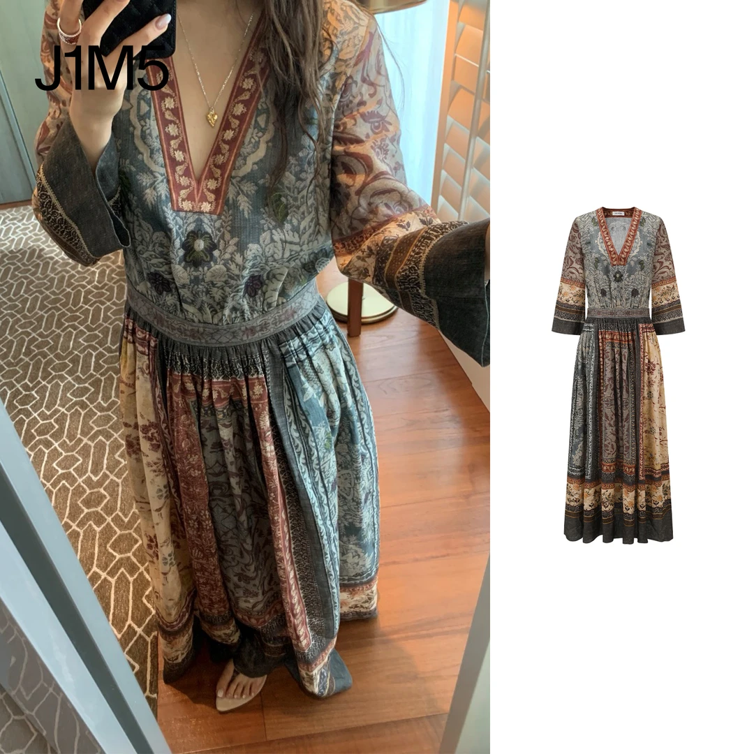 J1M5买手店 INTO THE EAST 25春夏 亚麻印花v领收袖连衣裙复古