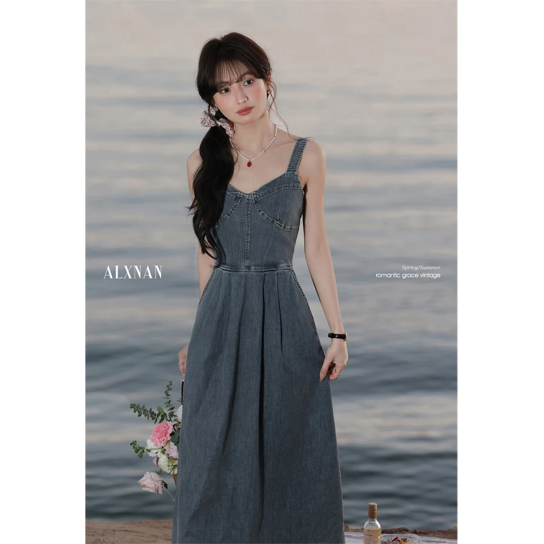 鹿向南「粉丝福利」蓝色牛仔吊带裙女装气质连衣裙L53190